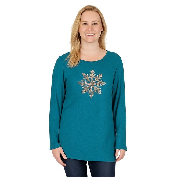 2/$30 Quacker Factory Haci Sequin Ugly Christmas Sweater Teal Large #A0237 TRB2 - Picture 1 of 8